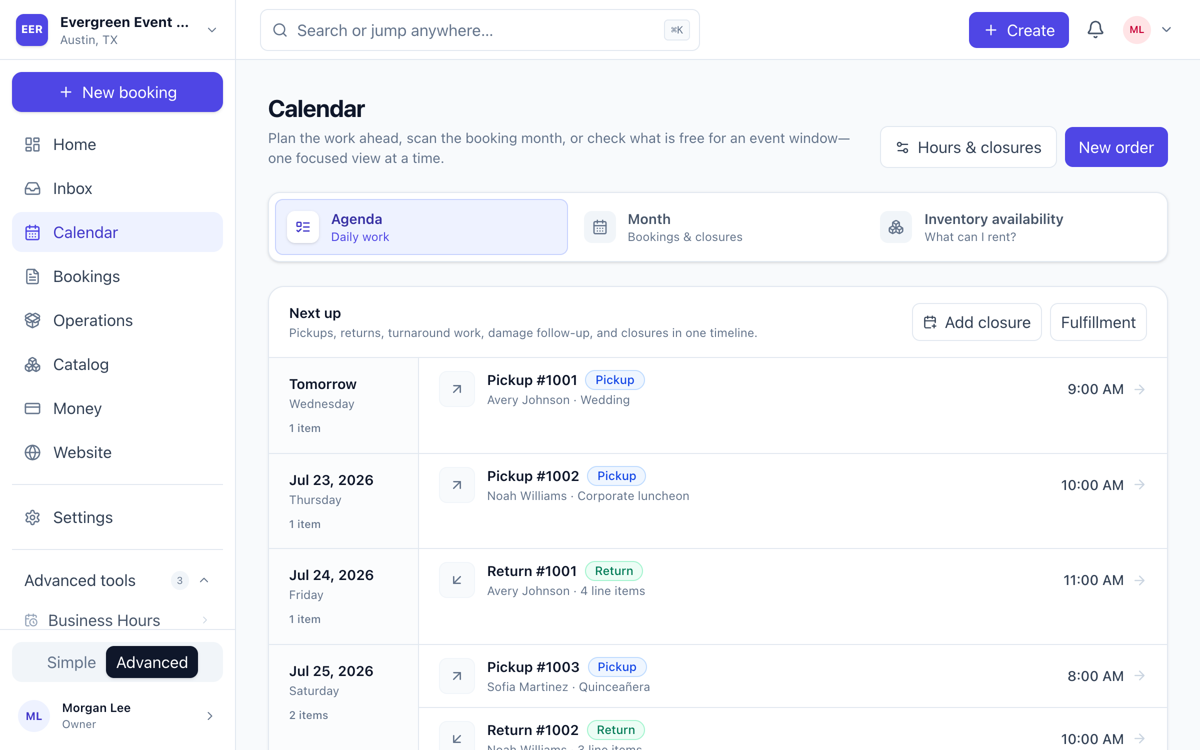 EventRentalOS Calendar agenda showing upcoming pickups and returns with customer, event, date, and time details.
