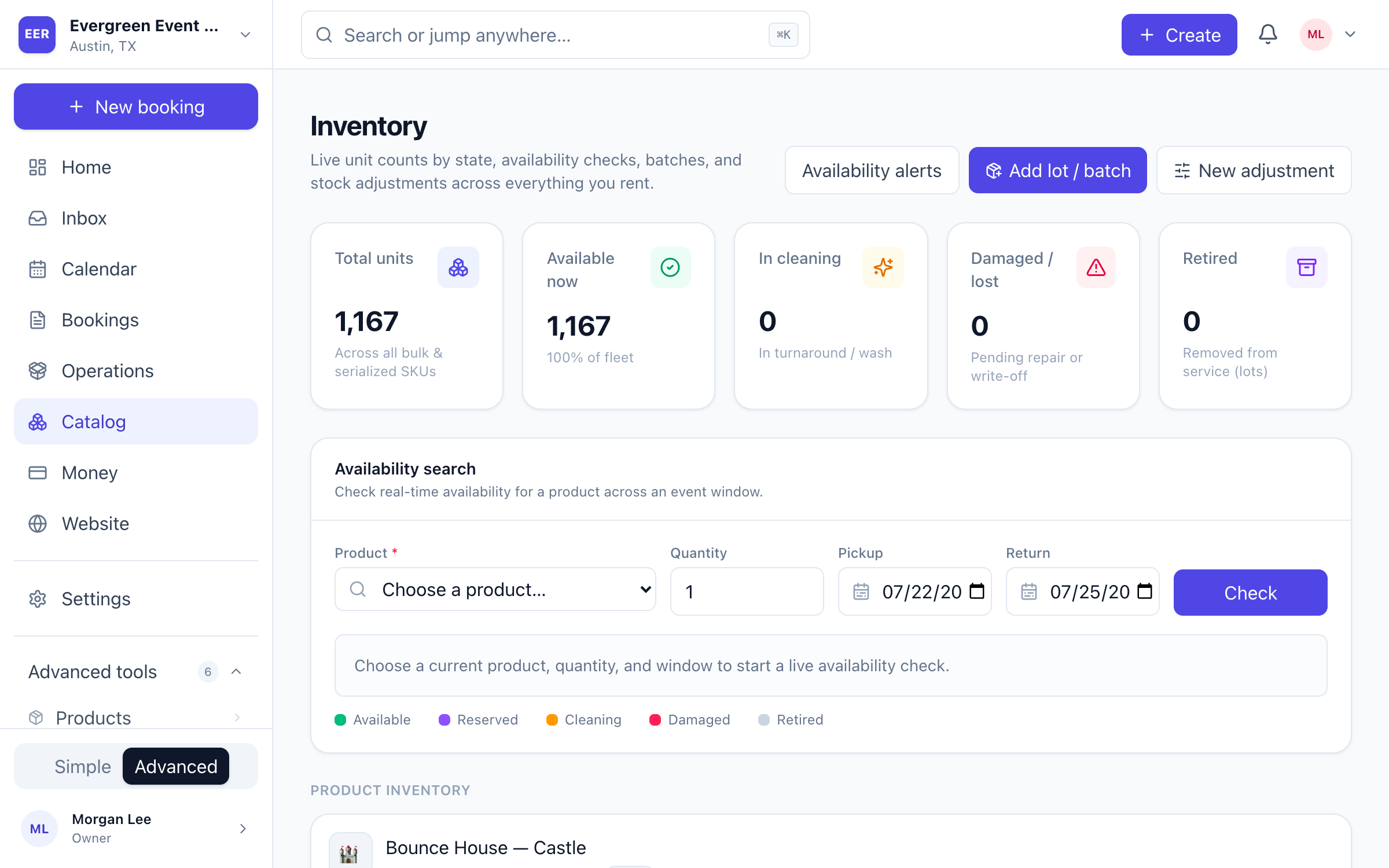 EventRentalOS inventory screen with unit counts by state, a real-time availability search, and per-product state breakdown bars.