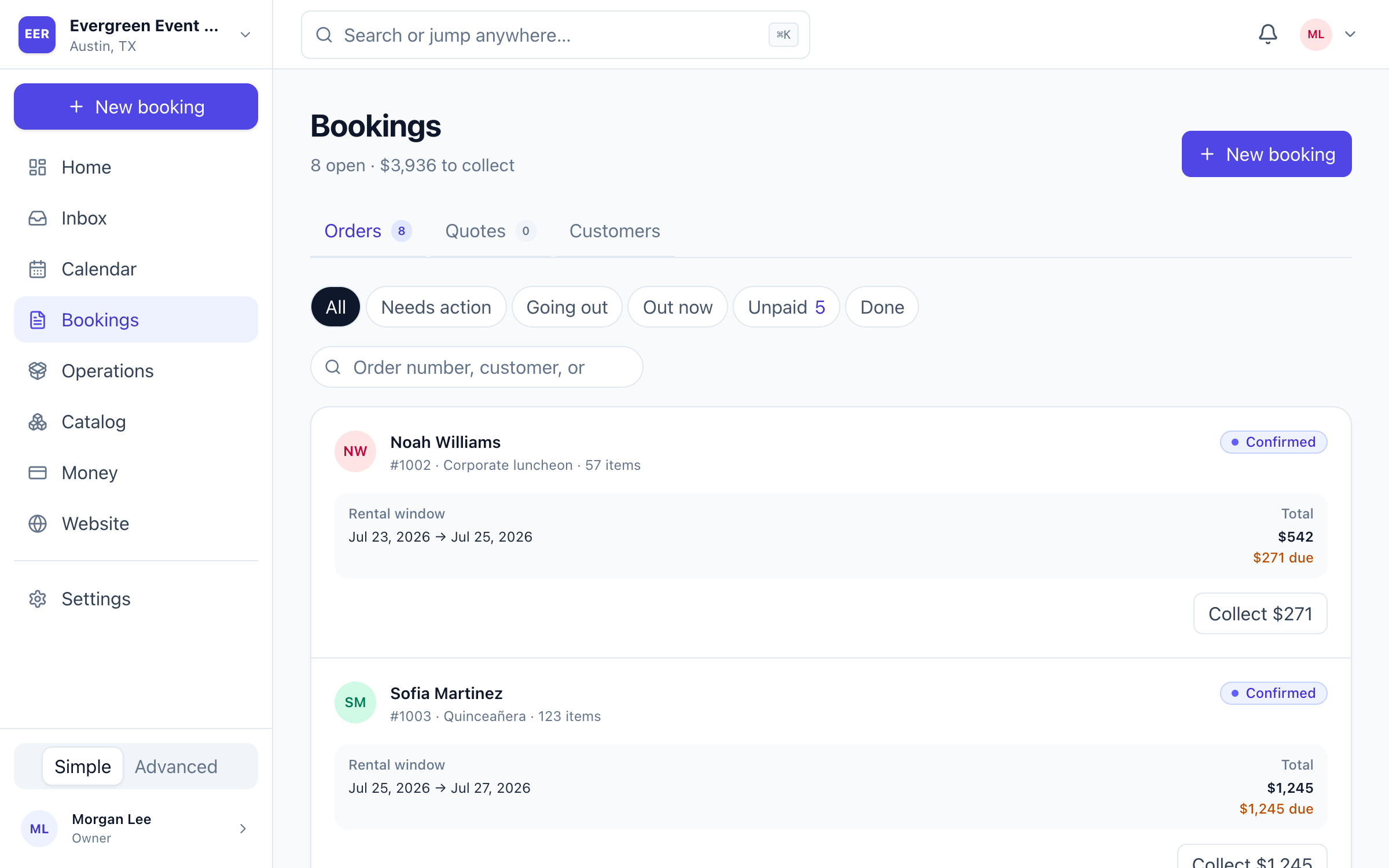 EventRentalOS Bookings workspace showing upcoming orders, rental windows, totals, and balances due.