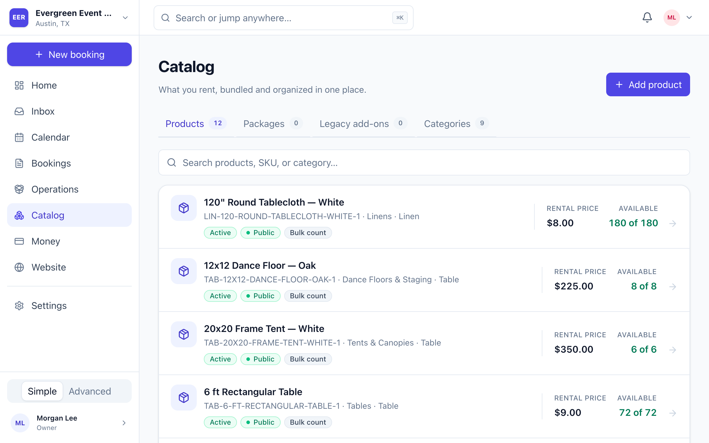 EventRentalOS Catalog workspace showing active public rental products with SKUs, categories, prices, and available quantities.
