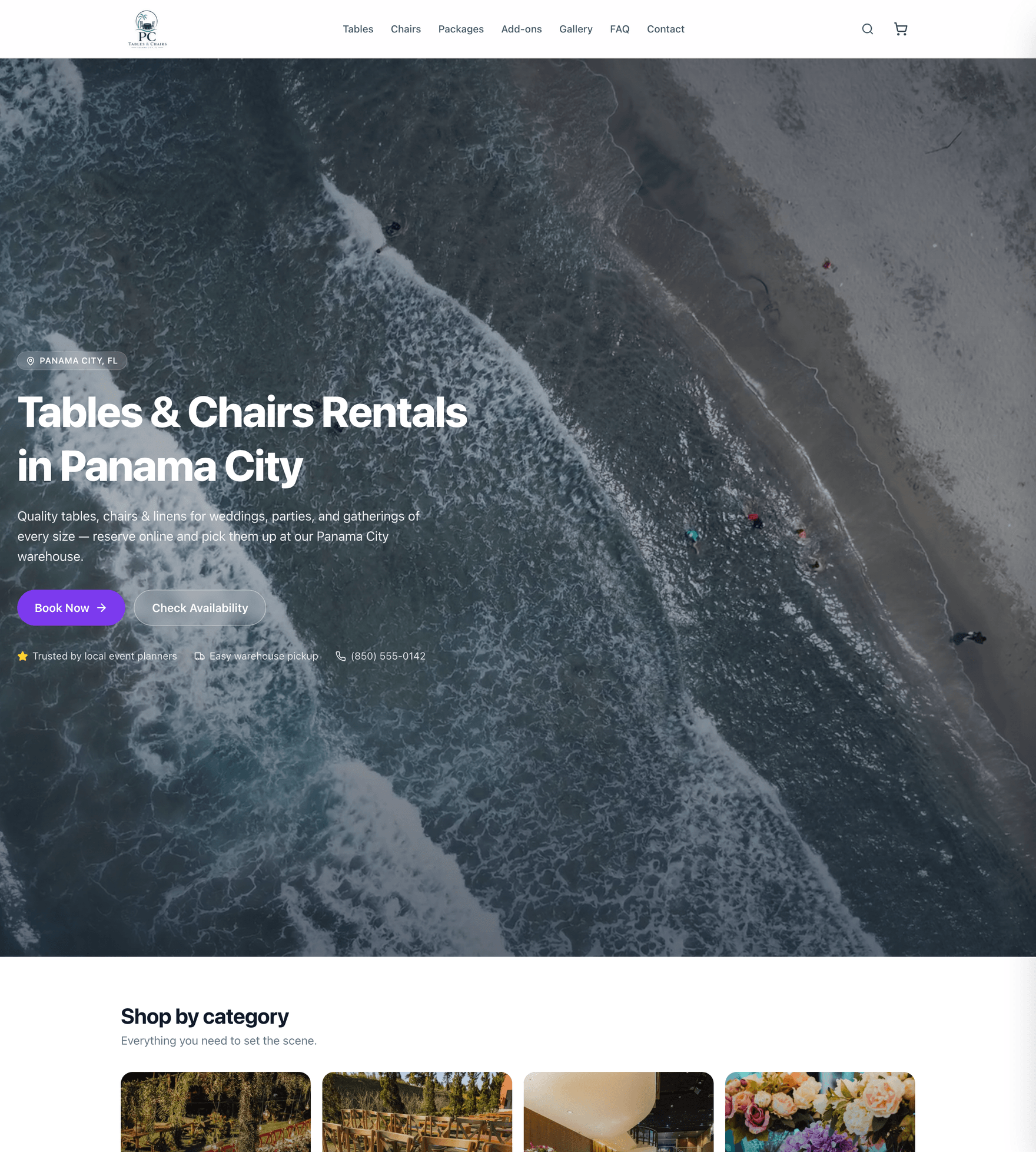 A customer-facing rental storefront with a hero, shop-by-category tiles, popular products with add-to-cart, and party packages.