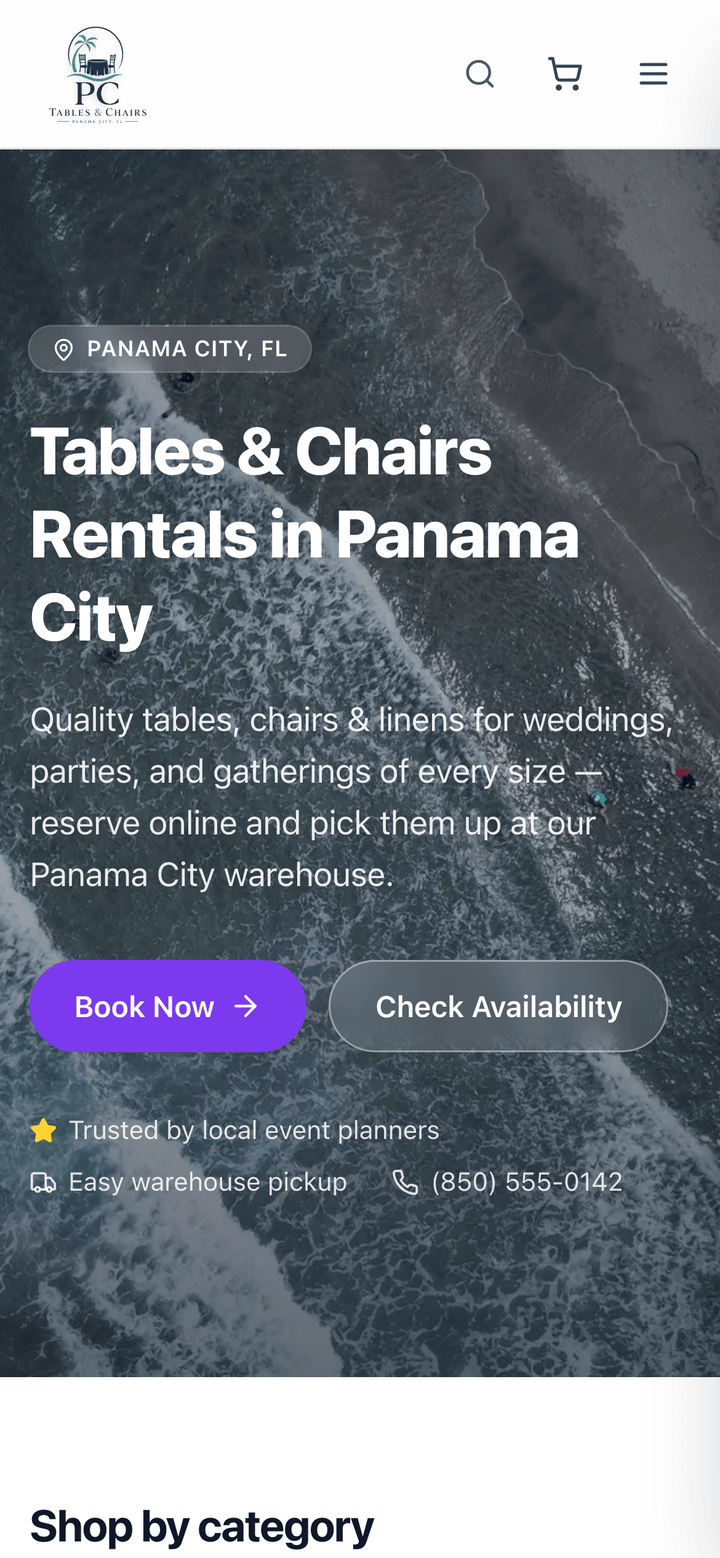 The same rental storefront on a phone, fully responsive.