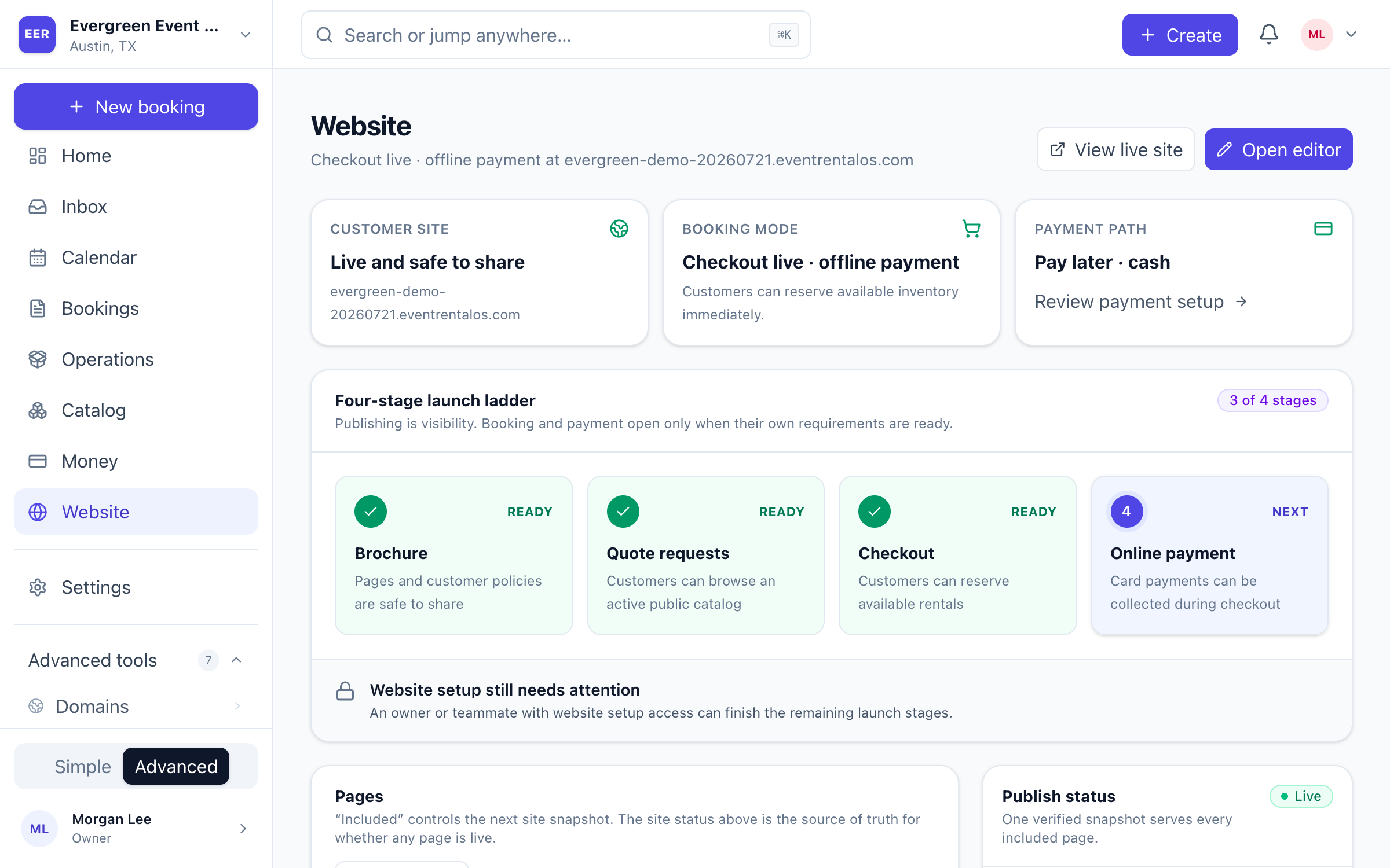 EventRentalOS Website control center showing a live customer site, checkout and payment status, launch stages, pages, and publish status.
